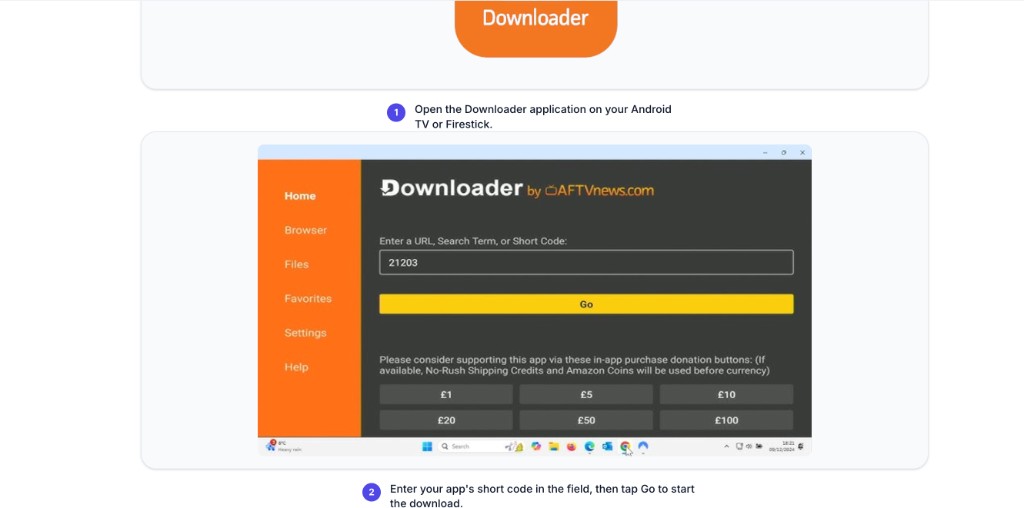 Downloader: campo de código y botón Ir